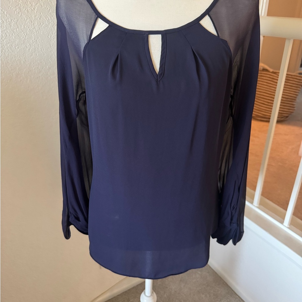 Guess by Marciano Navy Sheer-Sleeve Keyhole Blouse | XS-S